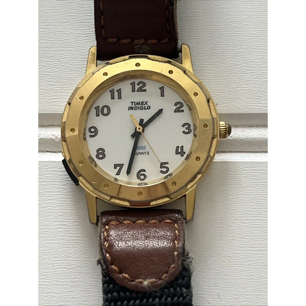 Timex Indiglo Watch Women's Vintage Analog Quartz Brown Leather Gold Tone